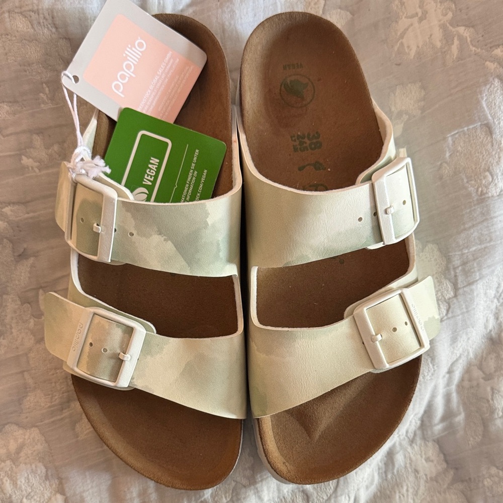 Papillio Vegan Dual-Buckle Sandals in Light Beige Camo